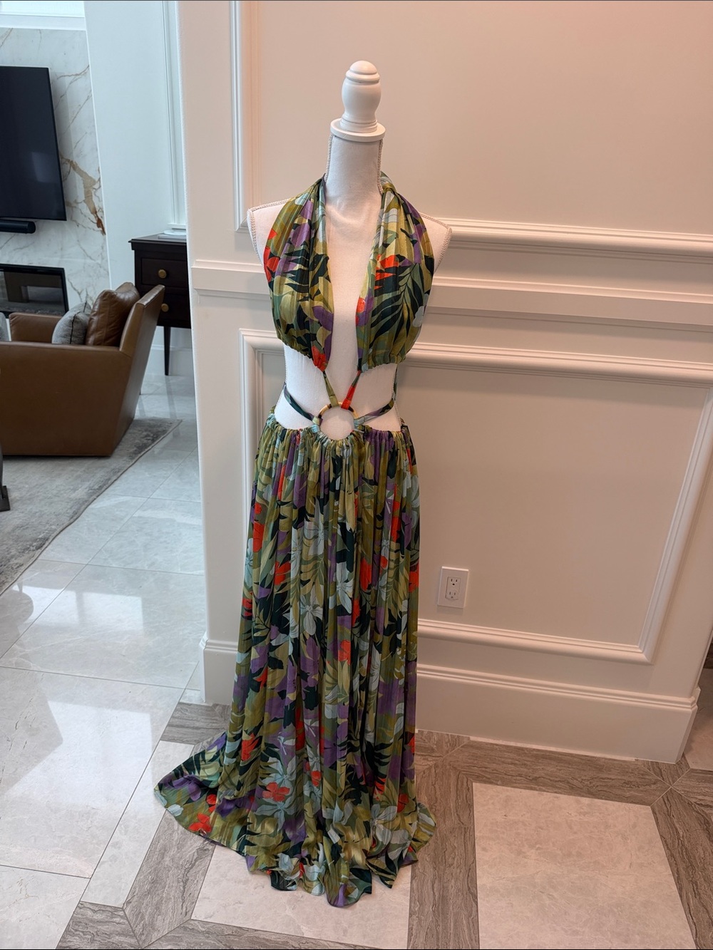 Bronx and Banco Green Tropical Halter Maxi with Cutout Ring Detail